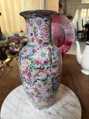 Vintage Chinese Floral Multicolor Ceramic Vase 12.5” tall